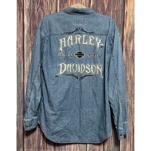 Harley Davidson Denim Jean Shirt Embroidered Flame Motorcycles Vintage Men's M